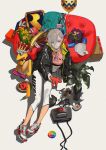  1girl absurdres black_jacket blonde_hair cap from_above full_body furby game_console grey_eyes headwear_removed highres holding_game_controller huge_filesize jacket nike nintendo_64 original shoes sneakers solo sugimoto_gang tagme white_headwear 