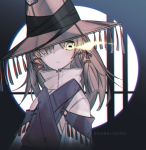  1girl adapted_costume artist_name burning_eye chromatic_aberration frog_eyes glowing glowing_eyes hair_over_one_eye hat hat_over_one_eye kky long_hair looking_at_viewer moriya_suwako touhou upper_body yellow_eyes 