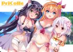 3girls :d ahoge animal_ear_fluff animal_ears bangs bare_shoulders bikini bikini_under_clothes black_bikini black_hair blue_eyes blush bow braid breasts brown_hair brown_rose casual_one-piece_swimsuit cat_ears cat_girl cat_tail cleavage closed_mouth collarbone commentary_request copyright_name dutch_angle eyebrows_visible_through_hair fang flower green_eyes hair_between_eyes hair_bow hair_flower hair_ornament hair_ribbon hairband hand_up ichiyou_moka jacket kokkoro_(princess_connect!) kyaru_(princess_connect) large_breasts long_sleeves looking_at_viewer low_twintails medium_breasts multicolored_hair multiple_girls navel nose_blush off_shoulder one-piece_swimsuit open_clothes open_fly open_jacket open_mouth open_shorts pecorine pink_flower pointy_ears princess_connect! princess_connect!_re:dive purple_jacket red_bow red_eyes red_ribbon ribbon rose short_shorts shorts side_braid silver_hair single_braid small_breasts smile streaked_hair swimsuit tail twintails white_bikini white_flower white_hair white_hairband white_shorts white_swimsuit 
