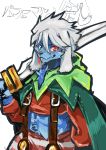  absurd_res anthro ao_gravity blue_eyes blue_fur canid canine cape chest_tuft clothed clothing fur garu_(kyuranger) hair heterochromia hi_res japanese_text kamen_rider kamen_rider_zero-one kemono long_ears male mammal melee_weapon midriff overalls perfuman_tsurugi red_eyes simple_background smile solo sword text tsurugi_(perfuman_tsurugi) tuft uchu_sentai_kyuranger weapon white_background white_hair 