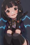  1girl bangs black_gloves black_hair black_legwear blush brown_eyes commentary_request dot_nose eyebrows_visible_through_hair fang gloves hair_ornament heart heart_stickers highres idolmaster idolmaster_million_live! idolmaster_million_live!_theater_days looking_at_viewer naijow nakatani_iku open_mouth short_hair smile solo star sticker thighhighs 