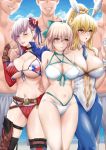  3boys 3girls ahoge american_flag_bikini animal_ears artoria_pendragon_(all) artoria_pendragon_(swimsuit_ruler)_(fate) asymmetrical_hair bangs bikini blue_legwear blue_neckwear boots bow braid breasts brown_gloves bun_cover bunny_ears bunnysuit condom condom_wrapper detached_collar fate/grand_order fate_(series) fingerless_gloves fishnet_pantyhose fishnets flag_print french_braid front-tie_bikini front-tie_top gloves green_bow hair_bow hair_bun half_updo height_difference high_ponytail highleg highleg_bikini highleg_leotard highleg_swimsuit highres holding holding_condom large_breasts layered_bikini leotard medium_breasts miyamoto_musashi_(fate/grand_order) miyamoto_musashi_(swimsuit_berserker)_(fate) multi-strapped_bikini multiple_boys multiple_girls nanako_(1475647493) navel navel_cutout necktie okita_souji_(fate)_(all) okita_souji_(swimsuit_assassin)_(fate) pantyhose pink_hair purple_eyes shrug_(clothing) side-tie_swimsuit single_sidelock single_thigh_boot single_thighhigh swept_bangs swimsuit thigh_boots thighhighs white_bikini white_leotard wrist_cuffs yellow_eyes 