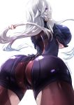  1girl ass atelier_(series) atelier_ryza bare_shoulders bodysuit breasts cameltoe cowboy_shot elbow_gloves floating_hair from_behind gloves hair_ornament hairclip highres large_breasts lila_decyrus long_hair looking_at_viewer looking_back low_twintails purple_eyes silver_hair simple_background solo twintails twitter_username uenoryoma very_long_hair white_background 