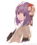  1girl :d chromatic_aberration cropped_torso floral_print flower from_behind hair_flower hair_ornament hieda_no_akyuu highres kky looking_at_viewer looking_back open_mouth purple_eyes purple_hair short_hair smile solo touhou twitter_username white_background 