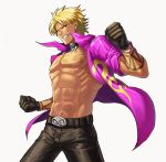  1boy abs belt belt_buckle black_belt black_gloves black_pants blonde_hair buckle clenched_teeth collar collared_shirt cowboy_shot dark_skin dark_skinned_male gloves jacket looking_at_viewer male_focus muscle muse_(rainforest) navel nipples open_clothes pants pectorals purple_shirt ribs shen_woo shirt sleeves_rolled_up solo tattoo teeth the_king_of_fighters 