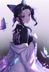  1girl absurdres amaroku_neko bangs black_hair breasts bug butterfly butterfly_hair_ornament commentary_request hair_ornament haori highres insect japanese_clothes kimetsu_no_yaiba kimono kochou_shinobu large_breasts long_sleeves looking_at_viewer off-shoulder_kimono parted_bangs purple_eyes solo tears 