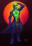  2019 4_toes 5_fingers anthro balls digital_media_(artwork) dragon fingers fur furred_dragon gaiawolfess green_hair hair hi_res horn knows looking_at_viewer malakhael male navel penis red_eyes red_penis solo standing toes wingless_dragon 