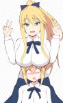  2girls absurdres artoria_pendragon_(all) artoria_pendragon_(lancer) blonde_hair blue_skirt bow breasts commentary_request double_w eyebrows_visible_through_hair fate/grand_order fate/stay_night fate_(series) green_eyes hair_between_eyes hair_bow highres large_breasts long_hair long_sleeves looking_at_viewer mitchi multiple_girls open_mouth ponytail saber shirt short_hair skirt w white_shirt 