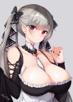  1girl azur_lane bangs bare_shoulders between_breasts black_dress black_nails blush breasts cleavage dress earrings eyebrows_visible_through_hair formidable_(azur_lane) frilled_dress frills grey_hair hair_ribbon hand_up highres jewelry large_breasts long_hair long_sleeves looking_at_viewer piuta red_eyes ribbon simple_background solo twintails two-tone_dress two-tone_ribbon very_long_hair 