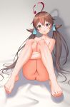  1girl absurdres ahoge aqua_ribbon ass barefoot brown_eyes brown_hair chinese_commentary eyebrows_visible_through_hair grey_background highres konishi_(565112307) legs_folded legs_together long_hair looking_at_viewer nude open_mouth pink_nails pussy ribbon shadow shinka_musume shinka_musume_channel sitting solo toes twintails uncensored virtual_youtuber white_background 