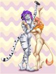  2019 angry anthro breasts conditional_dnp duo fangs felid female fur grin hair holding_object inner_ear_fluff lion mammal multicolored_hair navel neck_tuft nude open_mouth orange_eyes pantherine pattern_background pawpads purple_eyes remote_controll side_boob simple_background size_difference smile striped_fur stripes tail_tuft tiger tuft two_tone_hair vilani 