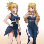  2girls artist_name bangs bare_shoulders blonde_hair blue_dress blue_eyes breasts carlo_montie chestnut_mouth cleavage covered_nipples dr._stone dress hand_on_hip hand_up kohaku_(dr._stone) long_hair looking_at_viewer medium_breasts multiple_girls ponytail rope rope_belt ruri_(dr._stone) siblings sidelocks simple_background sisters standing white_background 