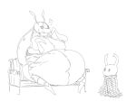  2019 4:3 arthropod beetle belly bench big_belly bretta_(hollow_knight) duo exoskeleton female grindavikbydaylight hollow_knight insect larger_female monochrome overweight protagonist_(hollow_knight) simple_background size_difference white_background 