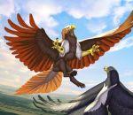  2019 avian beak black_feathers brown_feathers day detailed_background digital_media_(artwork) feathered_wings feathers gryphon katie_hofgard open_mouth outside red_feathers sky tongue wings yellow_eyes 