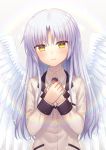  1girl angel_beats! angel_wings blazer blush brown_eyes brown_jacket closed_mouth collared_shirt commentary_request dress_shirt feathered_wings grey_background head_tilt highres jacket long_hair nakamura_hinato purple_hair shirt smile solo tenshi_(angel_beats!) upper_body very_long_hair white_shirt white_wings wings 