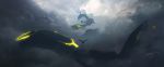  asteroid_ill claws cloud cloudy_sky dark_clouds flygon gen_3_pokemon glowing highres horns legendary_pokemon pokemon pokemon_(creature) pokemon_(game) pokemon_rse rayquaza sky sunlight wings 