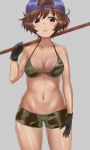  1girl absurdres akiyama_yukari backwards_hat bangs baseball_cap bikini bikini_shorts black_gloves blue_headwear breasts brown_eyes brown_hair camouflage camouflage_bikini carrying_over_shoulder closed_mouth commentary cowboy_shot eyebrows_visible_through_hair girls_und_panzer gloves green_bikini grey_background groin hat highres holding holding_staff light_frown looking_at_viewer medium_breasts messy_hair munisuke_(zrkt7883) navel short_hair shorts simple_background solo staff standing swimsuit 