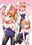  1girl :&lt; animal_ears arm_support bangs bare_shoulders black_legwear blue_leotard blush bow bowtie breasts brown_hair bunny_ears bunny_girl bunny_tail bunnysuit closed_mouth collarbone commentary_request covered_navel eyebrows_visible_through_hair gradient gradient_background groin hair_between_eyes hair_bow hairband high_ponytail idolmaster idolmaster_cinderella_girls leotard long_hair mebachi_maguro_(trok_mebachi) multiple_views open_mouth pantyhose parted_lips pink_background pink_bow pink_neckwear ponytail purple_eyes small_breasts smile strapless strapless_leotard tail triangle_mouth white_background white_hairband wrist_cuffs yuuki_haru 
