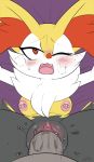  2019 bedding black_fur blush bodily_fluids braixen breasts breath clitoris cute_fangs female female_focus female_penetrated first_person_view fur genital_fluids hi_res huff inner_ear_fluff looking_pleasured male male/female male_penetrating nintendo nipple_piercing nipples one_eye_closed open_mouth penetration penis piercing pok&eacute;mon pok&eacute;mon_(species) pussy pussy_juice red_eyes red_fur red_nose slimefur snout vaginal vaginal_penetration video_games white_fur yellow_fur 
