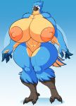  anthro avian beak big_breasts bird bird_feet black_beak blue_feathers breasts breath_of_the_wild countershading crossgender eye_markings feathers female hi_res huge_breasts huge_thighs hyper hyper_breasts jaeh kass_(tloz) markings mtf_crossgender multicolored_feathers nintendo nipples nude open_beak open_mouth orange_countershading orange_feathers rito small_head solo the_legend_of_zelda thick_thighs video_games winged_arms wings 