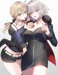  2girls ahoge artoria_pendragon_(all) bangs belt black_dress black_jacket black_tank_top blonde_hair blush breasts bubble_tea cape cleavage coat cup dark_persona dress drinking drinking_straw eyebrows_visible_through_hair fate/grand_order fate_(series) fur-trimmed_coat fur-trimmed_jacket fur-trimmed_sleeves fur_collar fur_trim hand_on_hip highres jacket jeanne_d&#039;arc_(alter)_(fate) jeanne_d&#039;arc_(fate)_(all) jewelry large_breasts long_hair looking_at_viewer low-tied_long_hair multiple_girls necklace neko-san_(dim.dream) open_mouth saber_alter short_hair short_shorts shorts silver_hair thighs white_belt yellow_eyes 