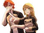  +_+ 1boy 1girl bag blonde_hair covering_mouth epaulettes fire_emblem fire_emblem:_three_houses garreg_mach_monastery_uniform green_eyes holding ingrid_brandl_galatea kura_(okura_eekura) long_hair long_sleeves open_mouth paper_bag pointing pointing_forward red_hair short_hair simple_background sylvain_jose_gautier uniform upper_body white_background 