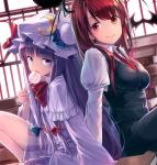  2girls arm_support bangs black_skirt black_vest blue_bow book bow breasts candy capelet commentary_request demon_wings dress eyebrows_visible_through_hair food frilled_capelet frills hand_up hat hat_bow head_wings holding holding_food indoors juliet_sleeves knee_up koakuma lollipop long_hair long_sleeves looking_at_viewer medium_breasts mob_cap multiple_girls necktie patchouli_knowledge puffy_sleeves purple_capelet purple_dress purple_eyes purple_hair purple_headwear red_bow red_eyes red_hair red_neckwear shirt short_dress sitting skirt skirt_set thighs touhou usotsuki_penta very_long_hair vest white_shirt wings 