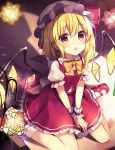  1girl bangs blonde_hair blurry blush bow bowtie commentary_request crystal eyebrows_visible_through_hair flandre_scarlet hair_between_eyes hat hat_bow highres indoors lamp long_hair mary_janes miniskirt mob_cap one_side_up open_mouth petticoat red_bow red_eyes red_footwear red_skirt red_vest ruhika shadow shoes sitting skirt socks solo touhou v_arms vest wariza white_headwear white_legwear wings wrist_cuffs yellow_bow yellow_neckwear 