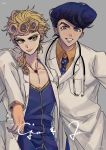  2boys arm_around_shoulder blonde_hair blue_eyes character_name doran7280 formal giorno_giovanna green_eyes grey_background higashikata_jousuke highres jojo_no_kimyou_na_bouken labcoat lips long_hair looking_at_viewer male_focus multiple_boys necktie pompadour purple_eyes short_hair smile stethoscope suit upper_body 