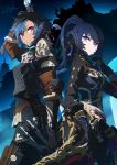  2girls arm_at_side arm_up armor au_ra black_hair blue_hair chainmail closed_mouth commission cowboy_shot dark.h dark_knight_(final_fantasy) dated dragon_girl dragon_horns dual_wielding elbow_gloves final_fantasy final_fantasy_xiv gloves greatsword hand_up high_ponytail holding holding_sword holding_weapon horns jacket knife light_smile lips long_hair long_sleeves looking_at_viewer medium_hair multicolored_hair multiple_girls ninja_(final_fantasy) pants parted_lips ponytail purple_eyes red_eyes scales signature sword two-tone_hair weapon 