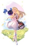  1girl bag blonde_hair blue_sky braid cloud cosmog dress duffel_bag flower full_body gen_7_pokemon grass green_eyes hat highres lillie_(pokemon) long_hair one_eye_closed open_mouth petals poke_ball_theme pokemon pokemon_(creature) pokemon_(game) pokemon_sm shinooji sky sleeveless sun_hat twin_braids white_dress white_headwear 