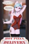  absurd_res anthro bodysuit breasts clothing delivery dialogue door duo english_text equid equine fan_character female first_person_view food hi_res human legwear looking_at_viewer mammal my_little_pony pewas pizza pterippus skinsuit solo_focus stockings text tight_clothing wings 