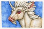  2015 equid fur hair headshot_portrait horn katie_hofgard mammal portrait red_eyes traditional_media_(artwork) unicorn white_fur white_hair 