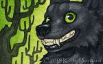  2015 black_fur black_nose canid canine canis fur green_eyes headshot_portrait katie_hofgard low_res mammal portrait smile teeth traditional_media_(artwork) wolf 