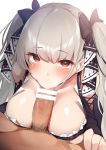  1girl :&gt;= azur_lane bangs bare_shoulders between_breasts black_dress blush breasts cleavage dress earrings erection fellatio formidable_(azur_lane) frilled_dress frills grey_hair hair_ribbon hetero highres jewelry large_breasts long_hair looking_at_viewer male_pubic_hair oral penis pubic_hair red_eyes ribbon simple_background solo_focus twintails two-tone_dress two-tone_ribbon usa_b very_long_hair white_background 