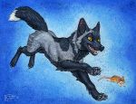  2015 4_toes black_fur canid canine duo feral fox fur grey_fur katie_hofgard mammal mouse murid murine open_mouth rodent smile teeth toes tongue traditional_media_(artwork) yellow_eyes 