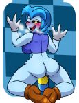  blue_skin blush bodily_fluids breasts butt chill_(dr._mario) clothing dr._mario female genital_fluids hair hi_res humanoid mario_bros masturbation nintendo pussy pussy_juice shirt solo steam topwear vaginal vaginal_masturbation video_games virus virus_(dr._mario) wide_hips yoshimister 