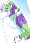  1girl armor bodysuit boots breasts cheelai cleavage closed_mouth commentary_request dragon_ball_super_broly gloves graphite_(medium) green_skin looking_at_viewer millipen_(medium) onnaski purple_bodysuit purple_eyes purple_shorts scouter short_hair shorts smile solo traditional_media white_gloves white_hair 
