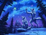 2015 amazing_background anthro canid canine canis detailed_background digital_media_(artwork) digitigrade female fur hair katie_hofgard male mammal night nude open_mouth outside sitting sky snow standing star starry_sky tongue white_fur white_hair wolf 
