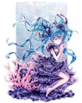  1girl artist_name bare_arms barefoot black_dress black_ribbon blue_hair caomor closed_mouth commentary coral dress floating_hair full_body hair_ribbon hands_together hatsune_miku layered_dress long_hair own_hands_together ribbon shinkai_shoujo_(vocaloid) sitting solo twintails underwater very_long_hair vocaloid 