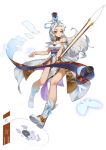  1girl bare_shoulders blue_ribbon boots breasts brown_eyes bug butterfly cleavage commentary_request copyright_request cro_(artist) dress hair_ribbon highres holding holding_sword holding_weapon insect long_hair medium_breasts ribbon short_sleeves simple_background solo sword weapon white_background white_footwear white_hair 