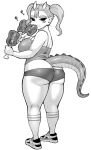  1girl ankle_socks ass boned_meat breasts dragon_girl dragon_tail eating elf-san_wa_yaserarenai. food food_on_face gonda_(elf-san_wa_yaserarenai) greyscale highres horns looking_at_viewer looking_back meat monochrome pointy_ears shoes short_shorts short_stack shorts sideboob sneakers solo synecdoche tail thick_eyebrows thick_thighs thighs twintails 