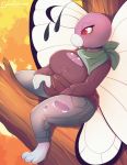  2019 anthro anthrofied bottomwear breasts butterfree clothed clothing detailed_background female hi_res nintendo pants pok&eacute;mon pok&eacute;mon_(species) scarf short sitting skwidbone solo video_games 