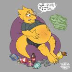  alphys anthro bean_bag belly belly_expansion belly_focus belly_overhang beverage big_belly blush bodily_fluids bottomwear breasts buckteeth chips_(food) claws clothed clothing cookie dialogue eyewear female food glasses hand_on_stomach hi_res holding_belly inflation junk_food navel non-mammal_breasts obese obese_female one_eye_closed overeating overweight overweight_female potato_chips raised_clothing raised_shirt reptile rumbling_stomach scalie shirt shorts sitting soda soft-spots solo stuffing sweat sweatdrop teeth thick_tail tight_clothing tight_shirt tight_topwear topwear trash undertale video_games 