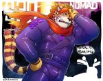  blush clothing felid hair jacket japanese_text leather male mammal muscular muscular_male nomad_(tas) pantherine red_hair scarf text tiger tokyo_afterschool_summoners topwear video_games xigma_t56 