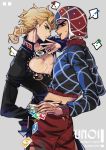  2boys argyle argyle_sweater blonde_hair card chest cleavage_cutout couple doran7280 earrings giorno_giovanna green_eyes guido_mista hat highres holding holding_card jewelry jojo_no_kimyou_na_bouken lips long_hair male_focus multiple_boys open_mouth sweater unbuttoned uno_(game) upper_body vento_aureo yaoi 