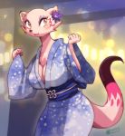  anthro big_breasts blush breasts cleavage clothed clothing dipstick_tail eyelashes eyeshadow female flower flower_in_hair fur hi_res japanese_clothing kimono lantern makeup mammal melonleaf multicolored_tail mustela mustelid musteline outside pink_eyes pink_fur plant smile solo torii 