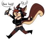  ! 2019 4_fingers anthro big_breasts biped black_ears boots bottomwear breasts brown_ears brown_fur brown_hair brown_tail clothing dialogue digital_media_(artwork) dipstick_ears female fingerless_gloves fingers fluffy fluffy_tail footwear fur gloves hair handwear holding_object jacket long_tail looking_at_viewer mammal multicolored_ears multicolored_fur multicolored_tail open_mouth open_smile pink_tongue rodent running sciurid shorts simple_background smile solo speech_bubble tan_fur tan_tail teeth tongue topwear two_tone_ears white_background zkelle 