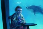  1boy aquarium arthur_dent bags_under_eyes bathrobe brown_hair bubble chair commentary cup dolphin halo koto_inari messy_hair pajamas pointy_nose saucer table teacup the_hitchhiker&#039;s_guide_to_the_galaxy 