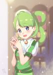  1girl bangs blue_eyes blunt_bangs blush green_hair hair_rings hat holding long_hair looking_at_viewer nurse_cap open_mouth outdoors parted_bangs pokemon pokemon_masters sakusa_(pokemon) short_sleeves smile solo standing unier upper_body 